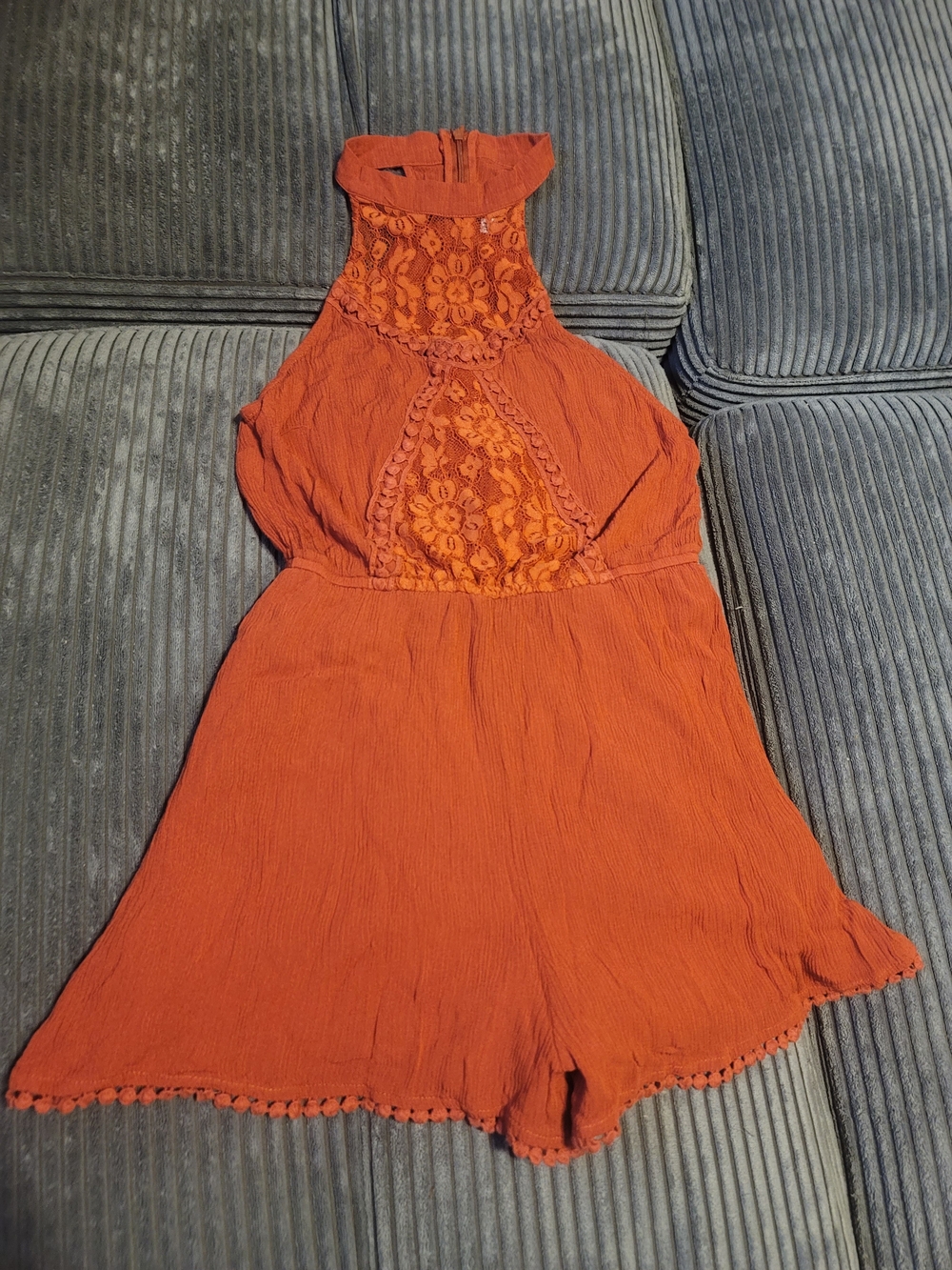 love, Fire Rust Orange Lace-Trim Halter Romper